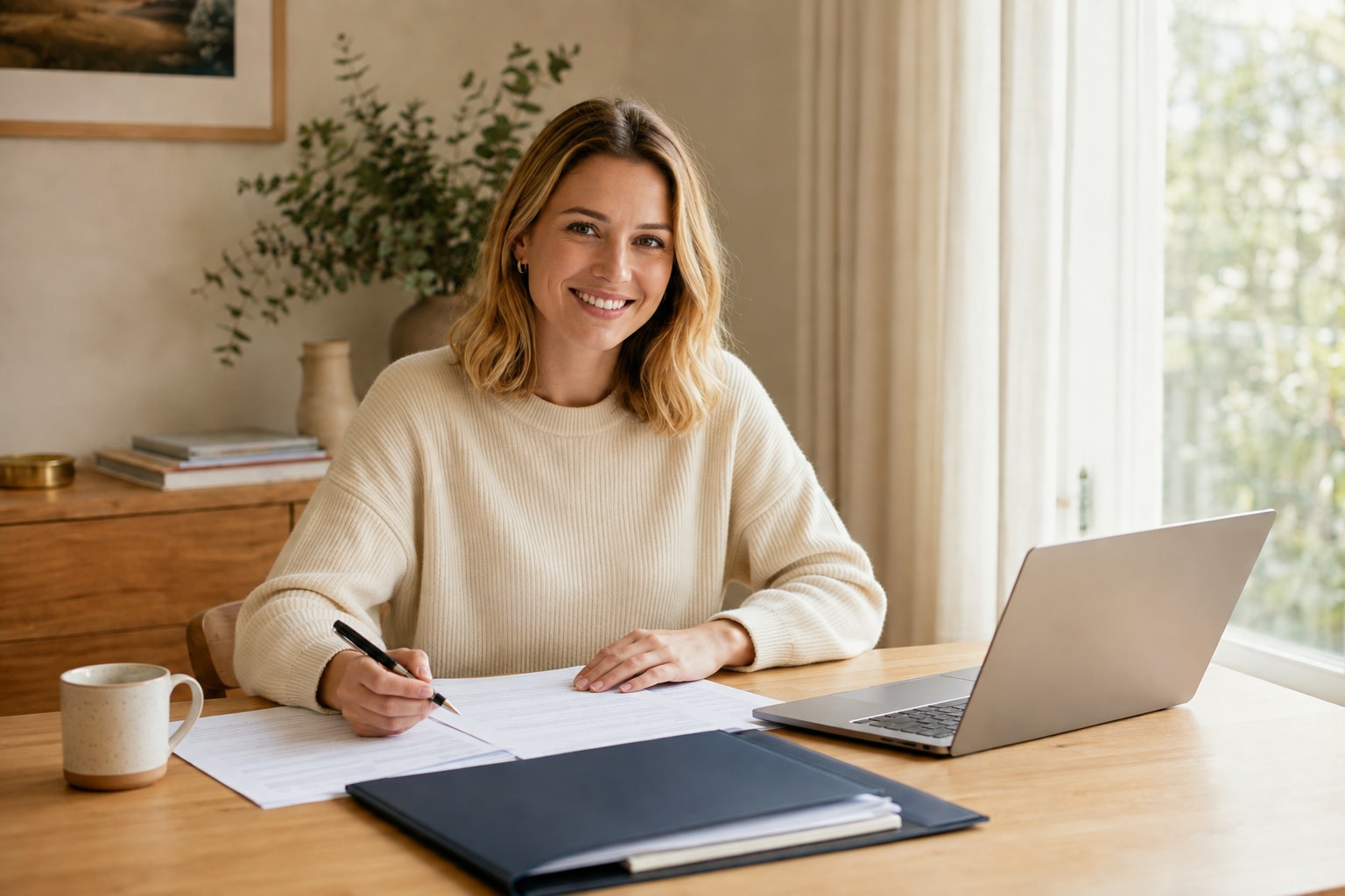 AI-generated illustration of a smiling applicant preparing documents at a desk.
