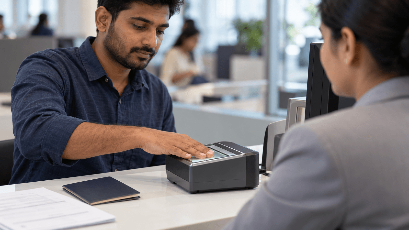 An AI-generated editorial scene of an applicant placing their fingertips on a scanner at a visa application counter.