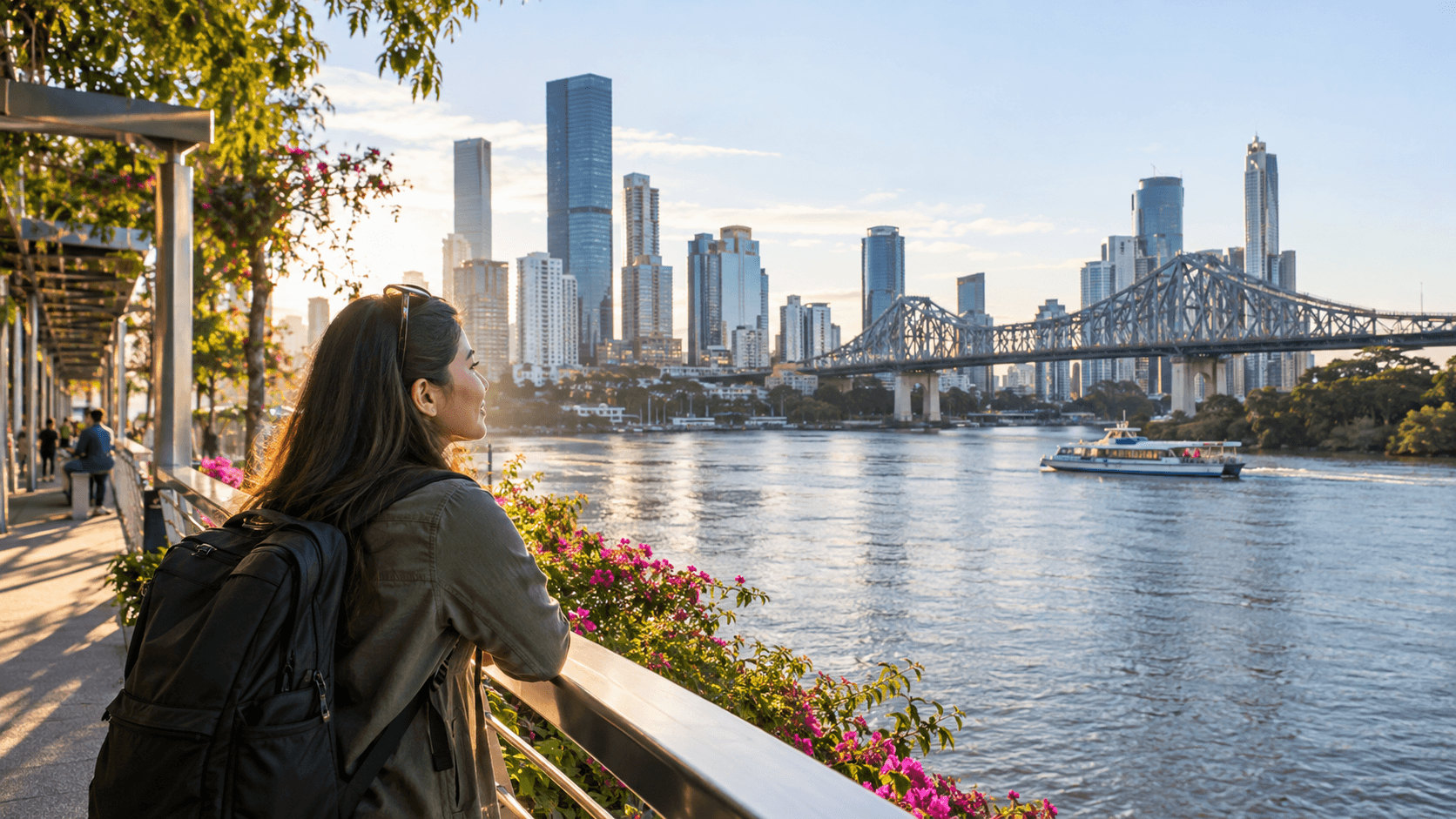 A traveller with a backpack looks across the Brisbane River towards the Story Bridge and city skyline.