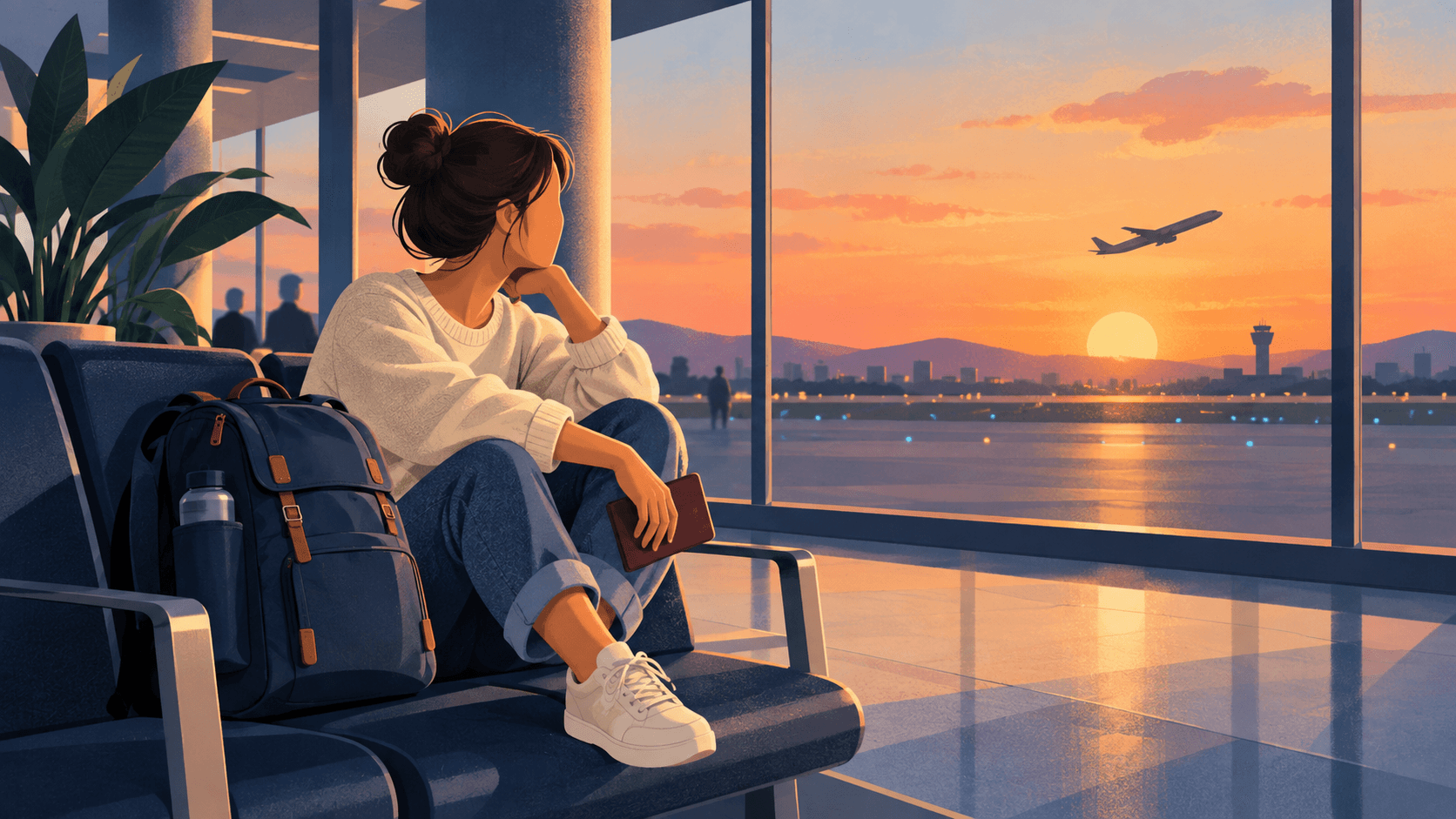 An illustrated traveller sits beside a backpack at an airport while watching a plane depart at sunset.