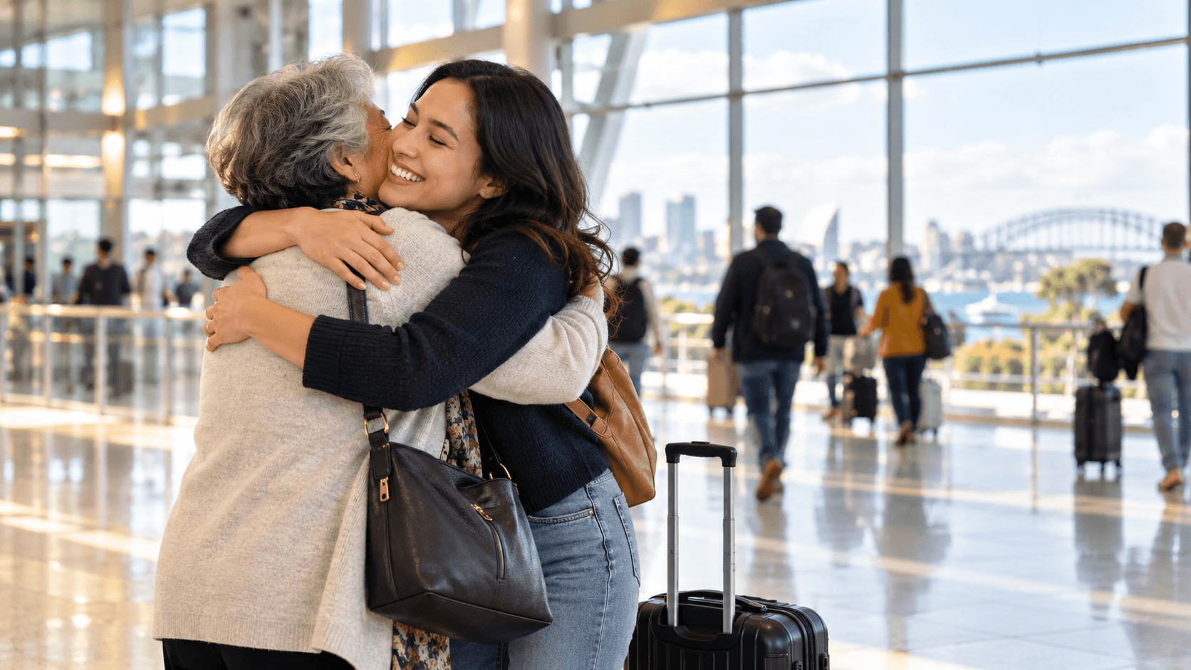 A woman embraces an older relative in a bright airport terminal as travellers move through the concourse behind them.