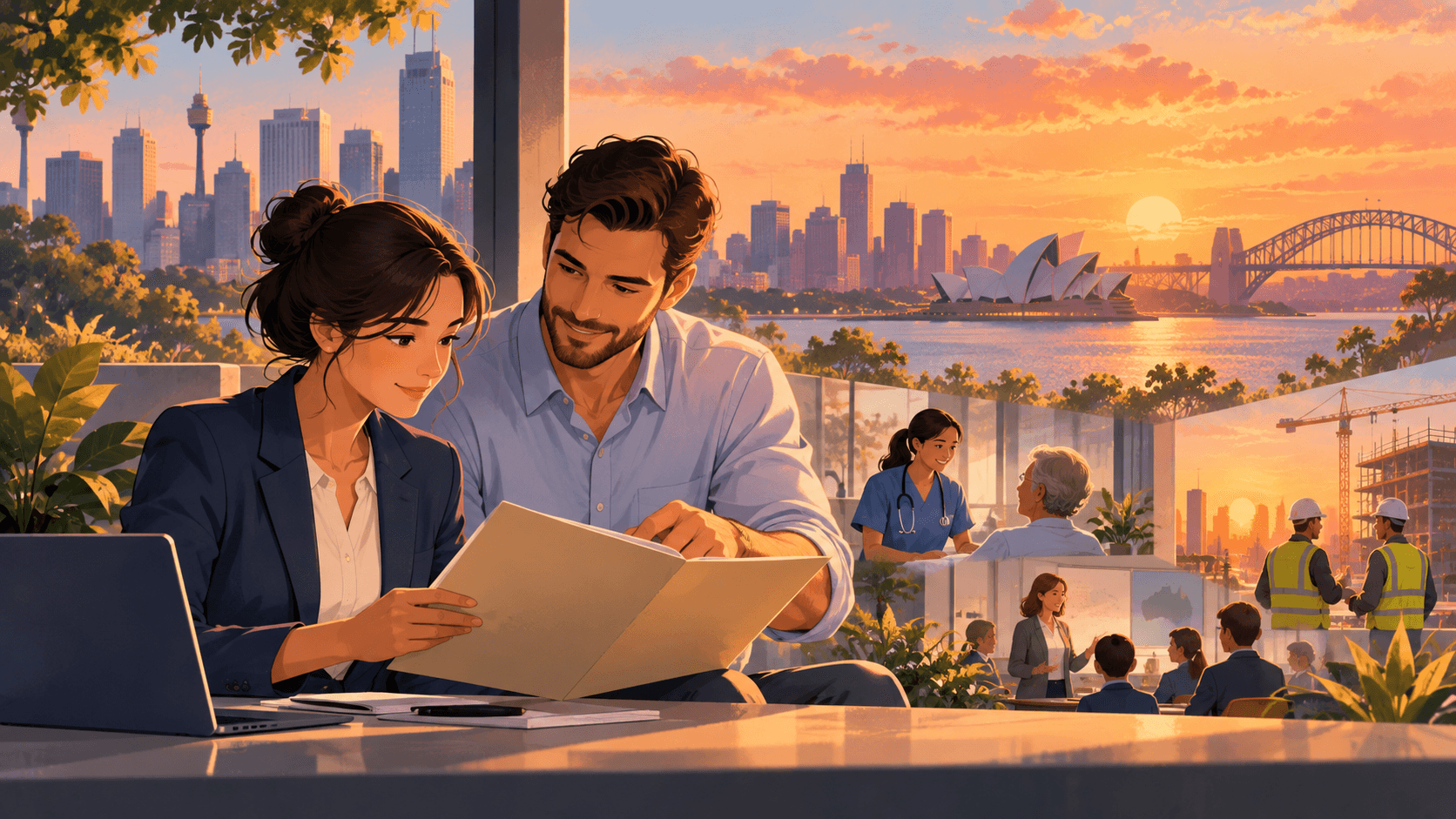 Illustrated skilled professionals review a document in Sydney, with healthcare, classroom and construction scenes in the background.