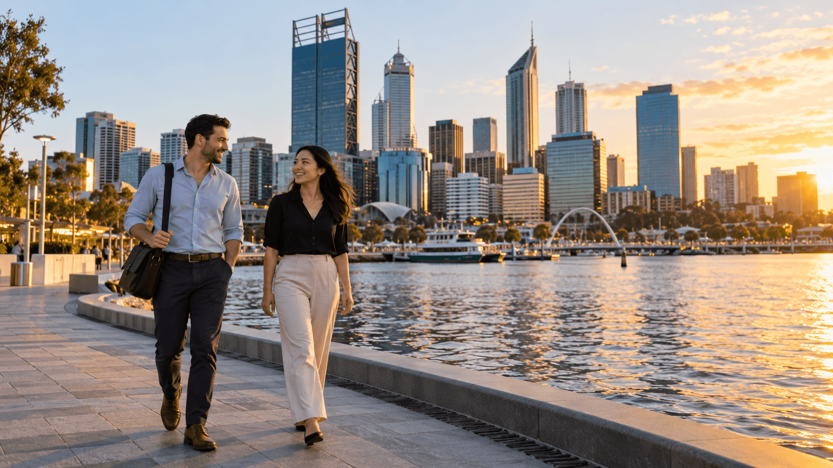 Two professionals walk beside Perth waterfront with the city skyline behind them at sunset.