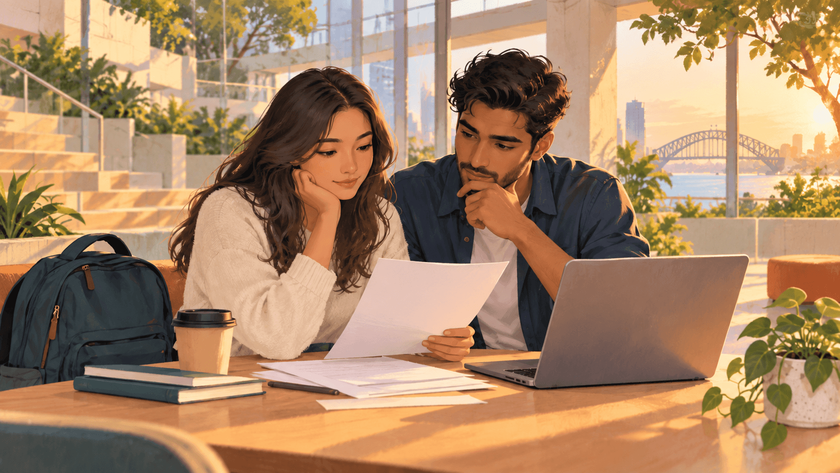 An illustrated student and partner review blank paperwork together at a sunlit university campus with Sydney Harbour in the background.