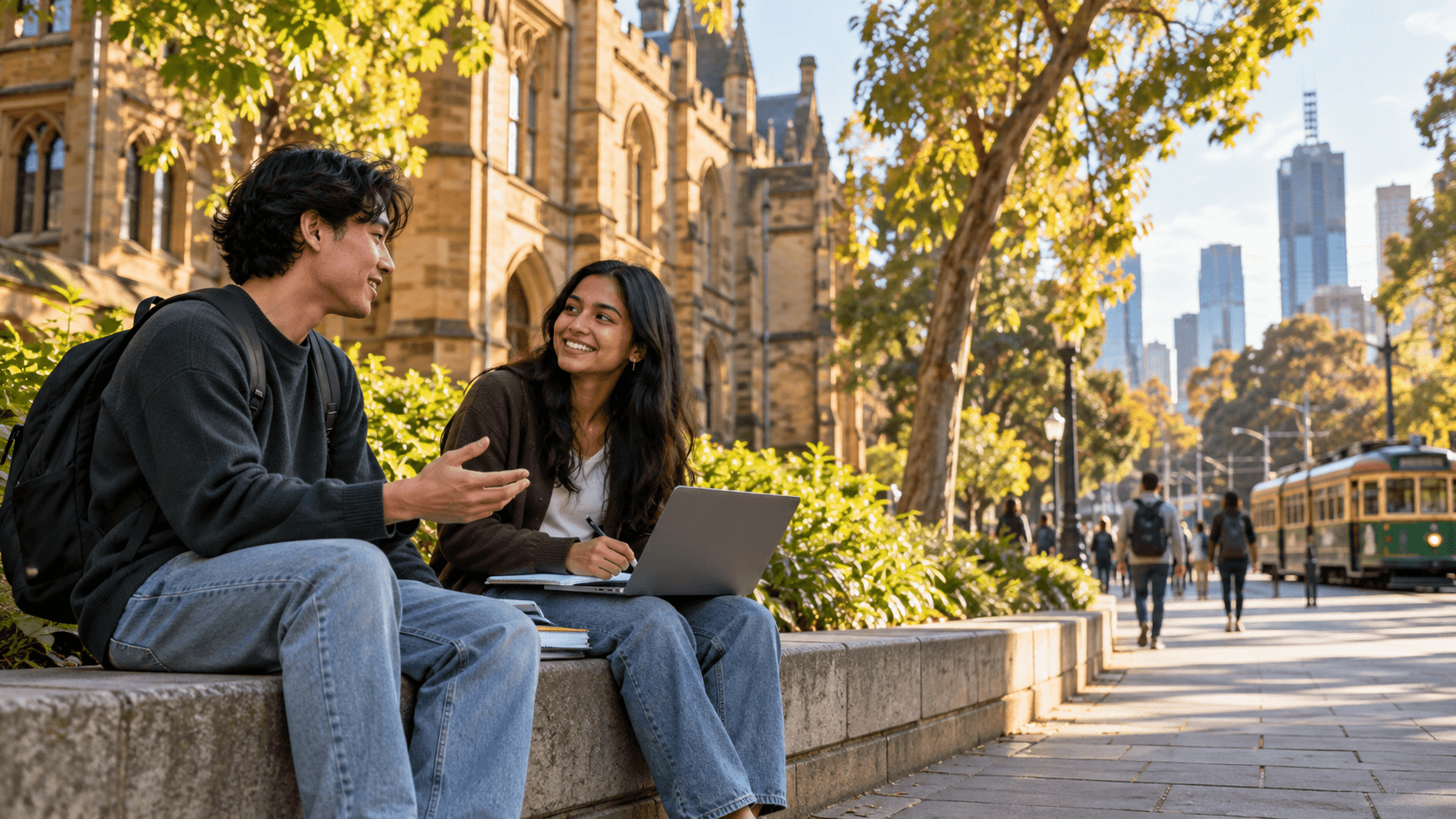 Two university students talk on a Melbourne campus as a green tram passes in the background.